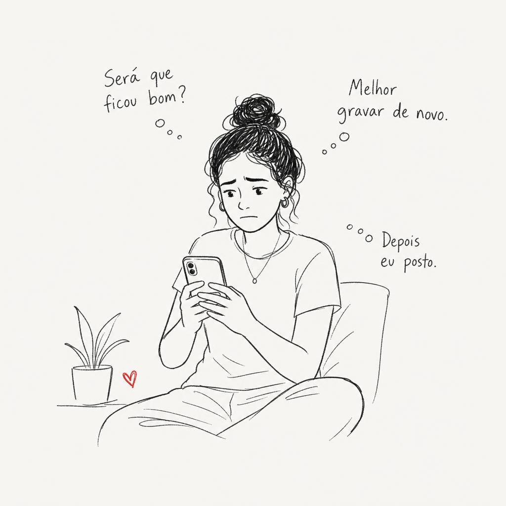 Ilustração de uma mulher insegura olhando para o celular