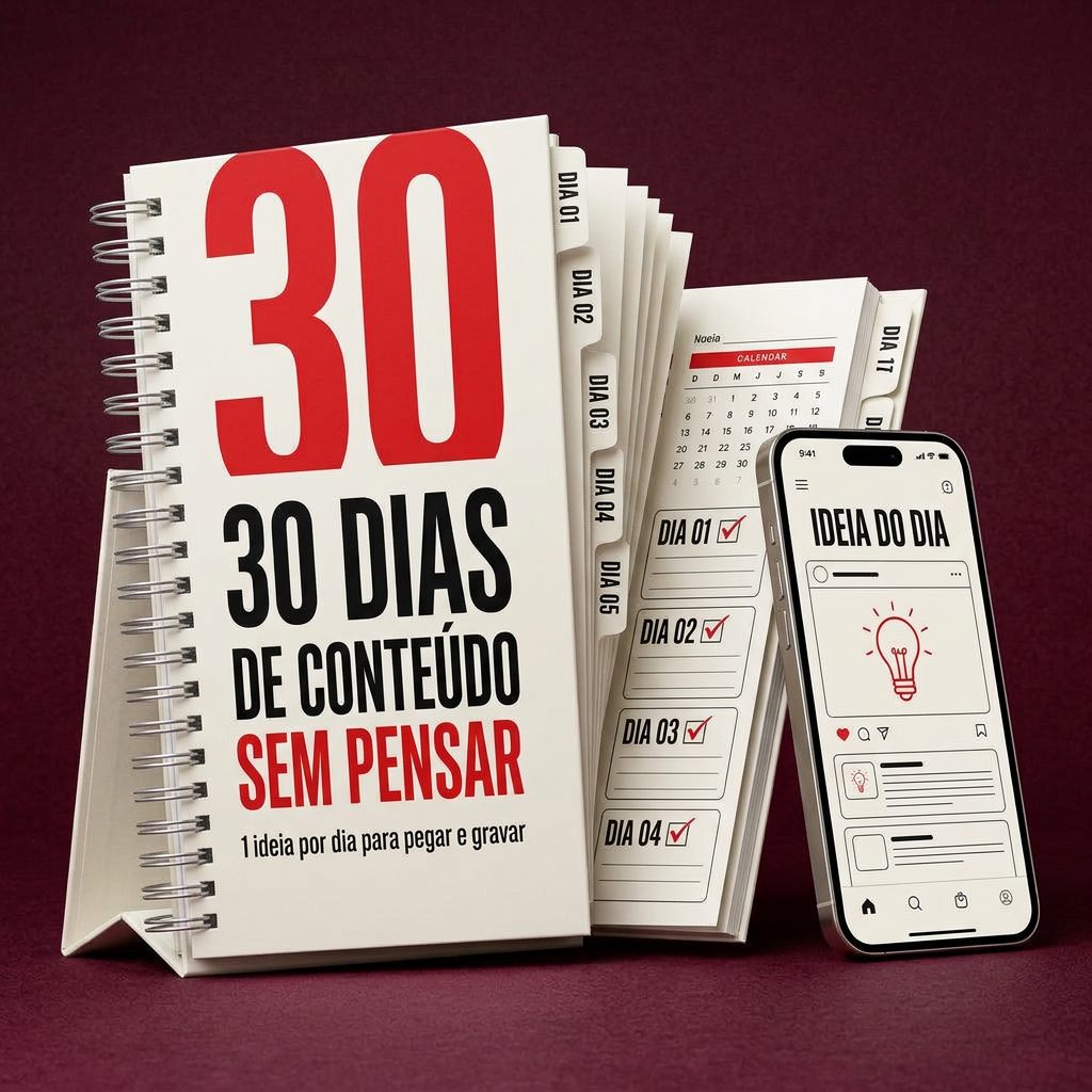 Mockup do guia 30 Dias de Conteúdo Sem Pensar em livro e tablet