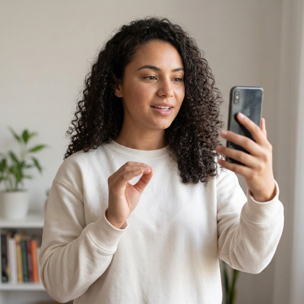 A mesma mulher da primeira seção gravando com naturalidade usando o celular