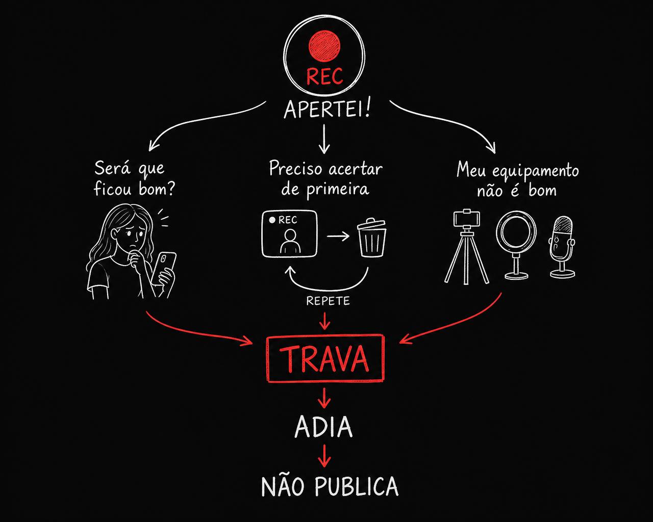 Mapa mental: apertou REC, começa a se cobrar, trava, adia e não publica